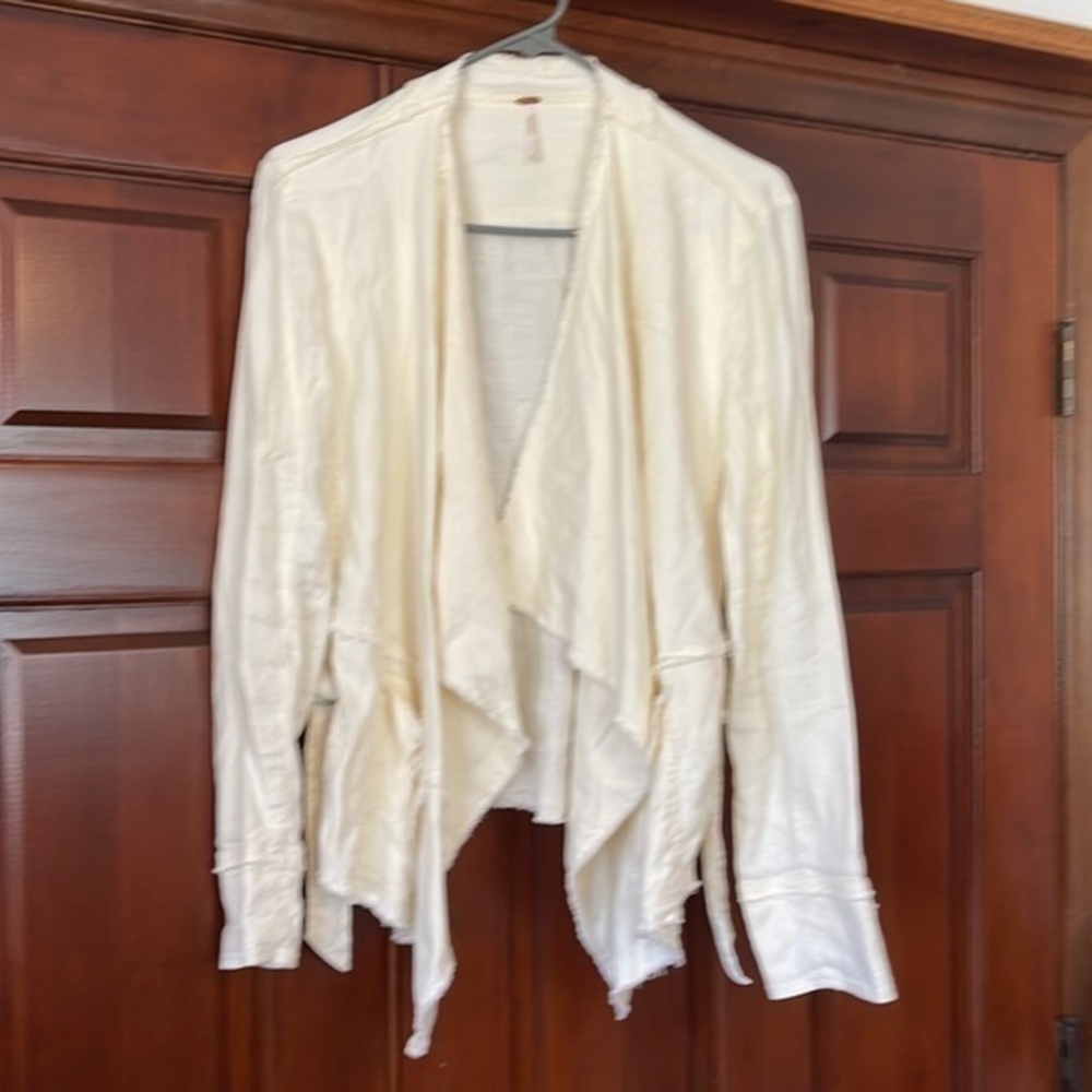 Free people, raw edge, asymmetrical, open front side, belted jacket